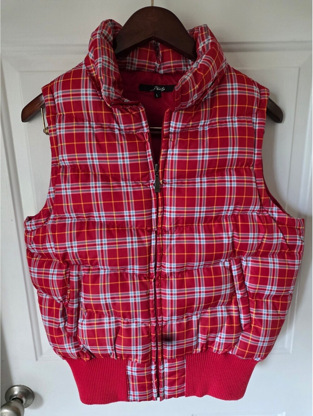 Red Plaid Puffer Vest with Ribbed Hem Size Large